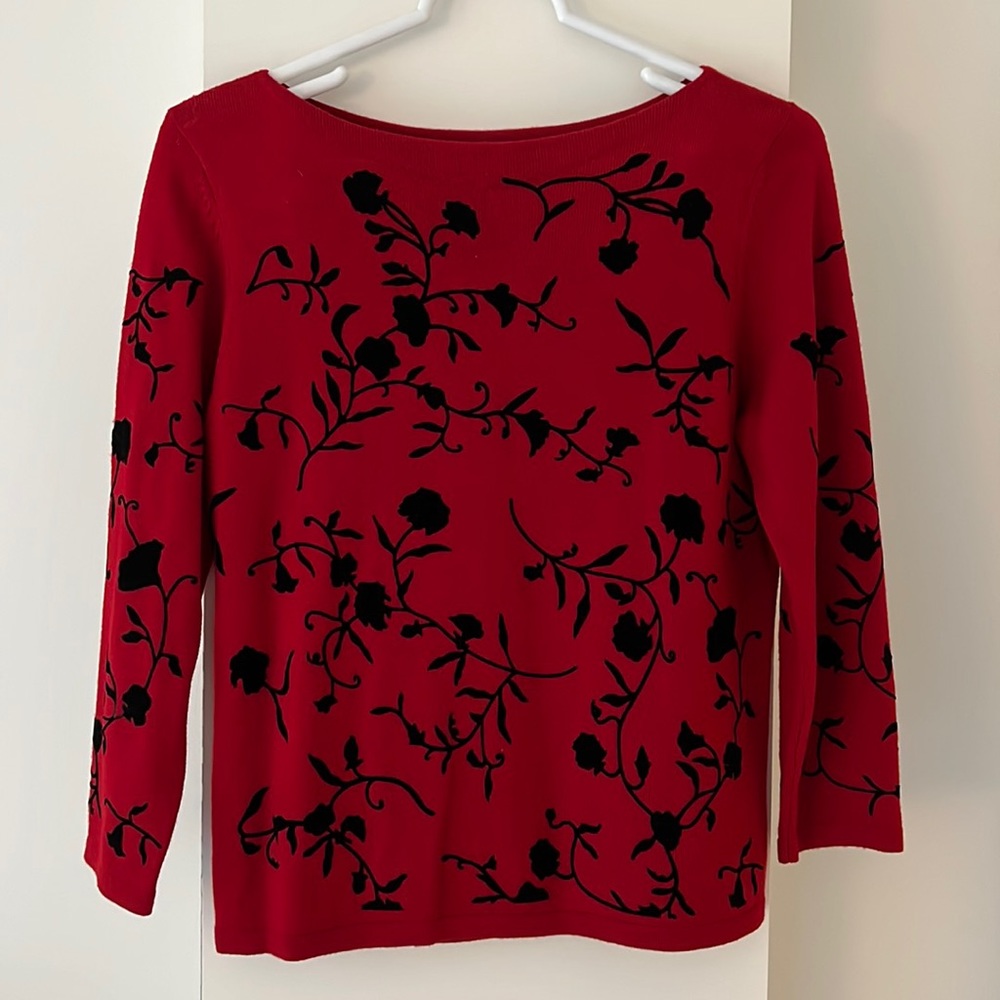 Jones New York Country Red Sweater with Black Floral Velvet Detail